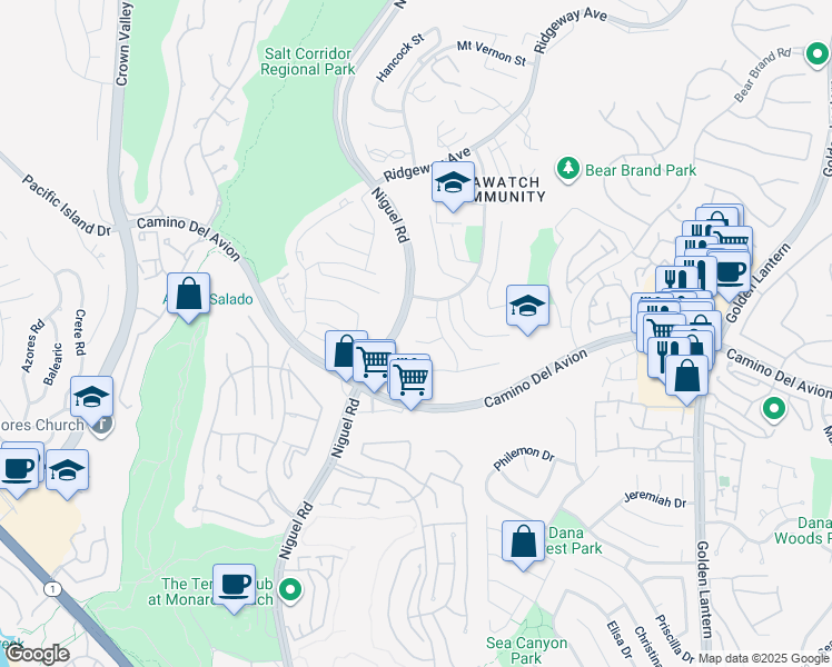map of restaurants, bars, coffee shops, grocery stores, and more near 1 Pacifico in Laguna Niguel
