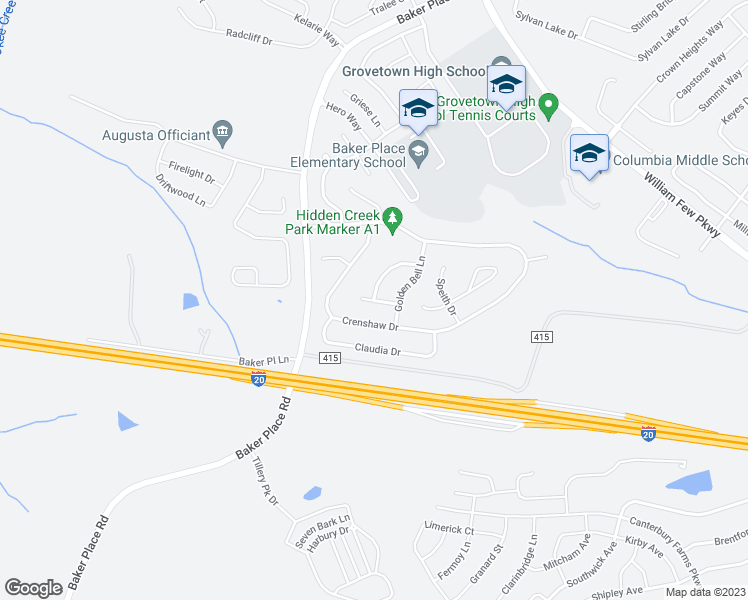 map of restaurants, bars, coffee shops, grocery stores, and more near Dualwood Drive in Grovetown