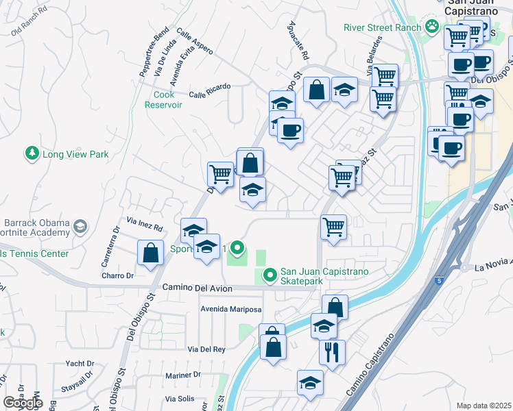 map of restaurants, bars, coffee shops, grocery stores, and more near 32382 Del Obispo St in San Juan Capistrano