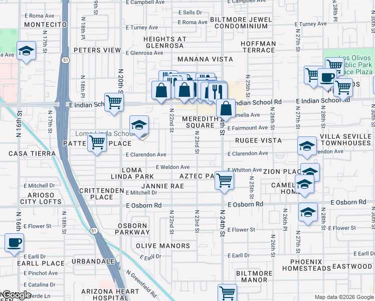map of restaurants, bars, coffee shops, grocery stores, and more near 2221 East Indianola Avenue in Phoenix