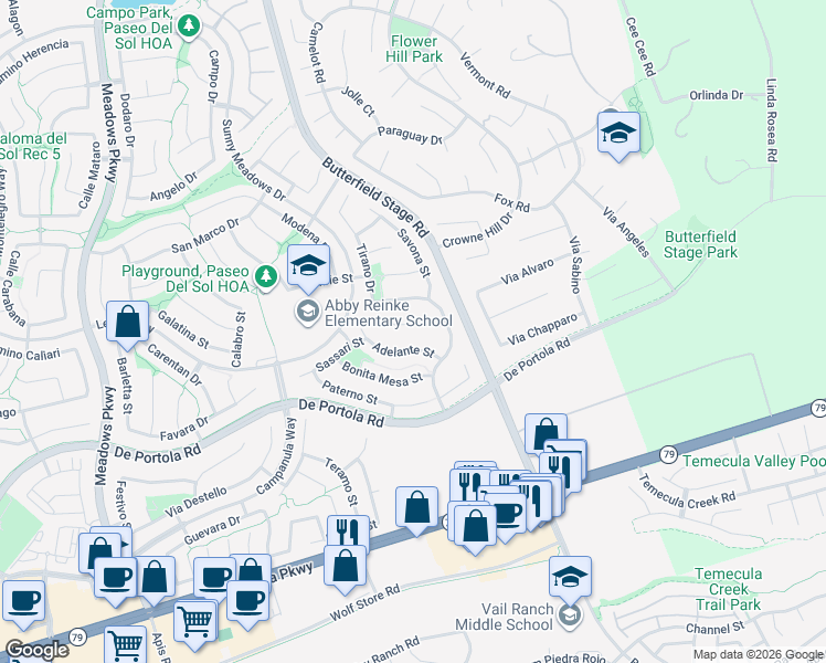 map of restaurants, bars, coffee shops, grocery stores, and more near 32995 Valence Court in Temecula