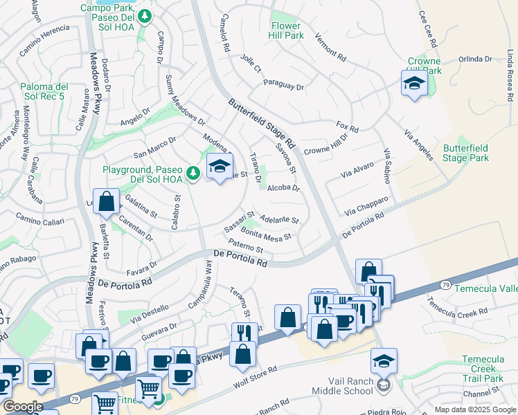 map of restaurants, bars, coffee shops, grocery stores, and more near 32882 Adelante Street in Temecula
