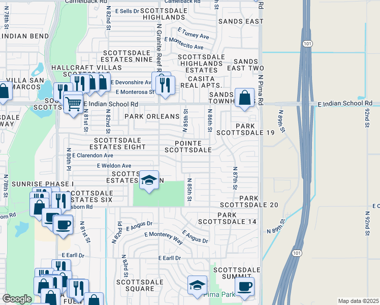 map of restaurants, bars, coffee shops, grocery stores, and more near 8513 East Indianola Avenue in Scottsdale