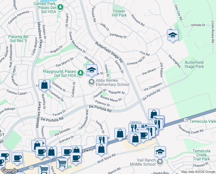 map of restaurants, bars, coffee shops, grocery stores, and more near 32882 Adelante Street in Temecula