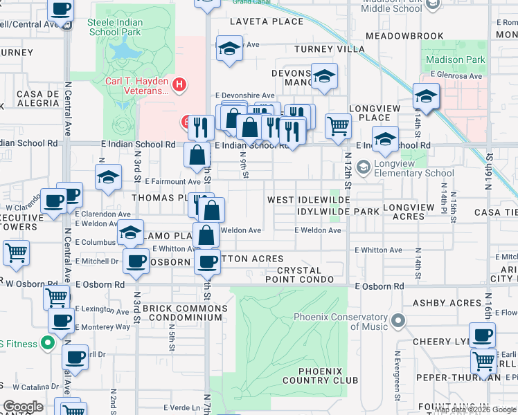 map of restaurants, bars, coffee shops, grocery stores, and more near 3828 North 9th Place in Phoenix