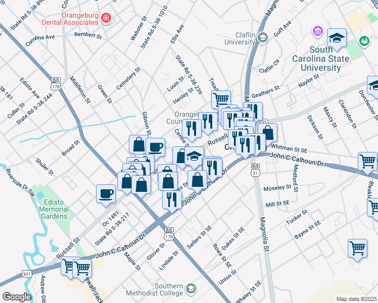 map of restaurants, bars, coffee shops, grocery stores, and more near 130 Centre Street in Orangeburg