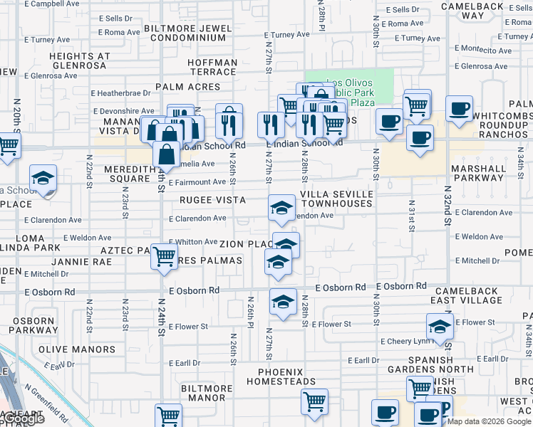 map of restaurants, bars, coffee shops, grocery stores, and more near 3802 North 27th Street in Phoenix