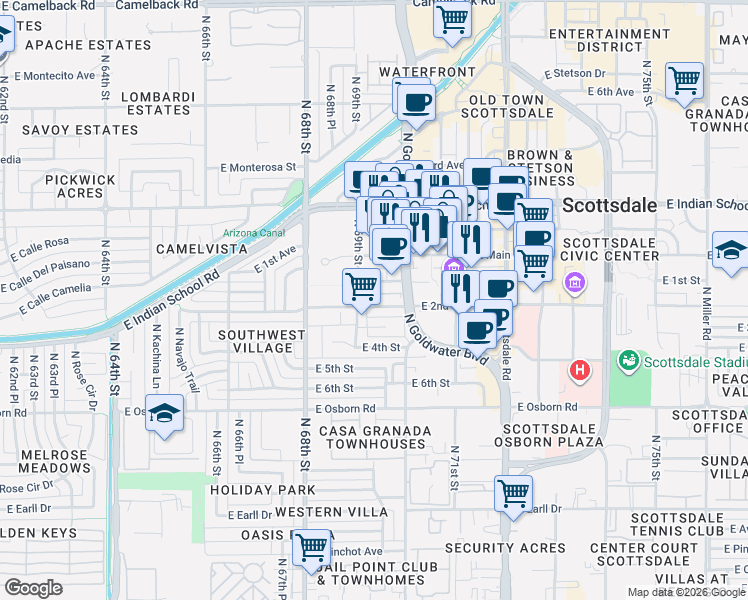 map of restaurants, bars, coffee shops, grocery stores, and more near 6921 East 1st Street in Scottsdale