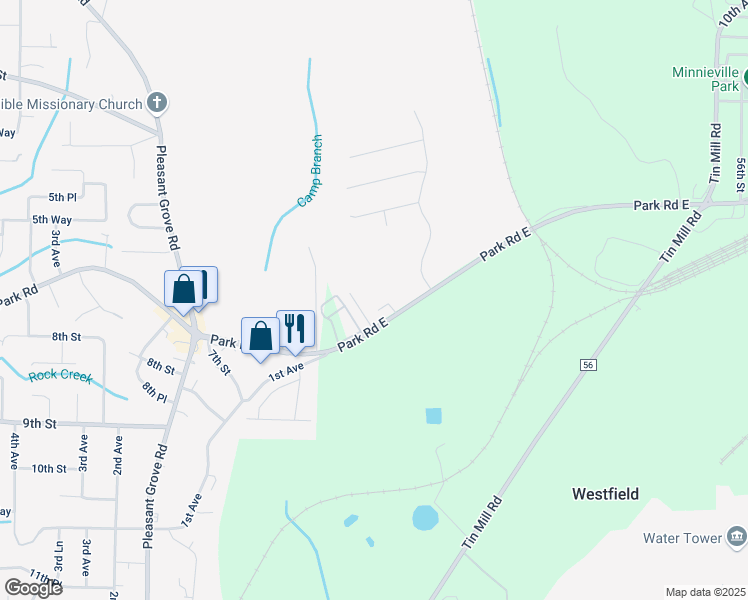 map of restaurants, bars, coffee shops, grocery stores, and more near 3380 Park Road East in Pleasant Grove