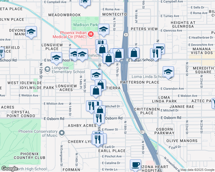 map of restaurants, bars, coffee shops, grocery stores, and more near 3815 North 16th Street in Phoenix