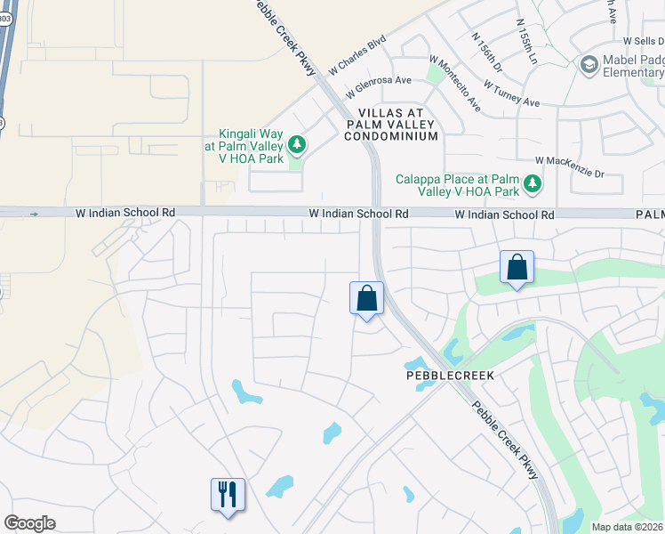 map of restaurants, bars, coffee shops, grocery stores, and more near 16110 Piccadilly Road in Goodyear