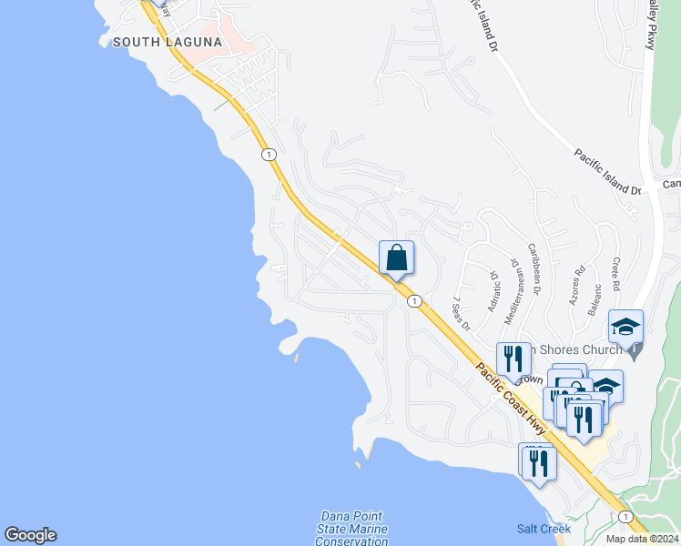 map of restaurants, bars, coffee shops, grocery stores, and more near 12 South Encino in Laguna Beach