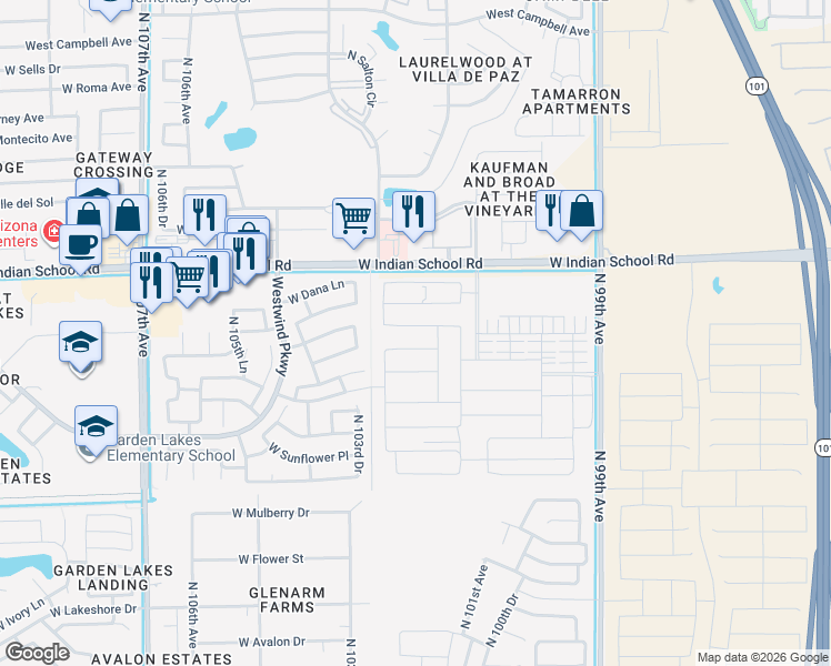 map of restaurants, bars, coffee shops, grocery stores, and more near 10201-10247 West Indian School Road in Phoenix