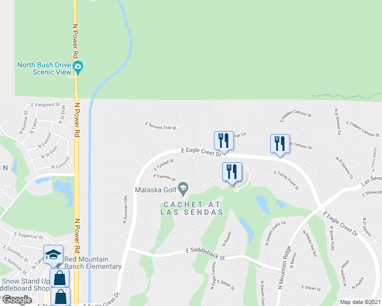 map of restaurants, bars, coffee shops, grocery stores, and more near 7249 East Eagle Crest Drive in Mesa
