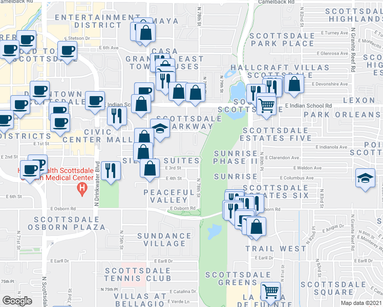 map of restaurants, bars, coffee shops, grocery stores, and more near 7777 East Main Street in Scottsdale