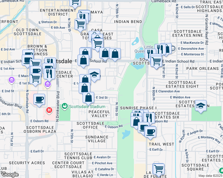 map of restaurants, bars, coffee shops, grocery stores, and more near 7777 East Main Street in Scottsdale