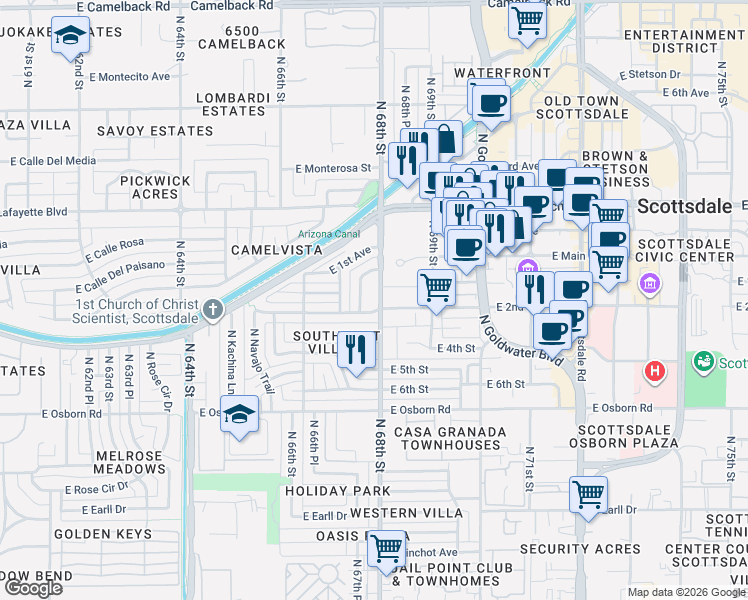 map of restaurants, bars, coffee shops, grocery stores, and more near 6804 East 2nd Street in Scottsdale