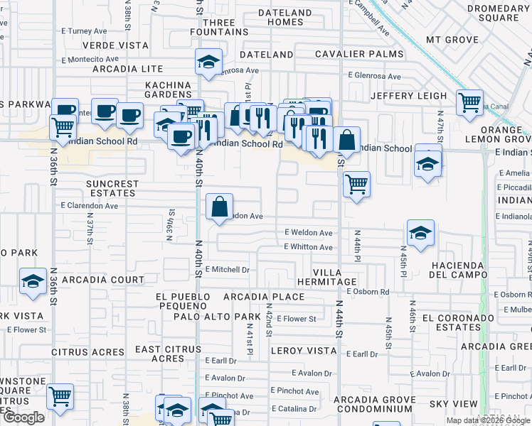 map of restaurants, bars, coffee shops, grocery stores, and more near 3813 North 41st Place in Phoenix