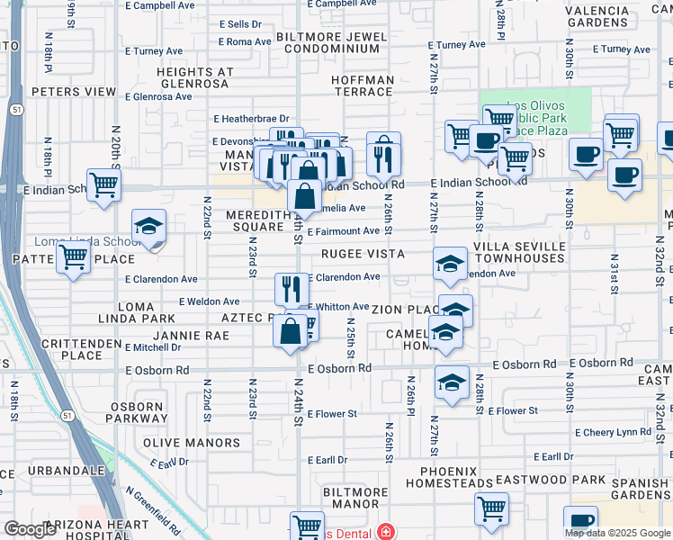 map of restaurants, bars, coffee shops, grocery stores, and more near 2429 East Indianola Avenue in Phoenix