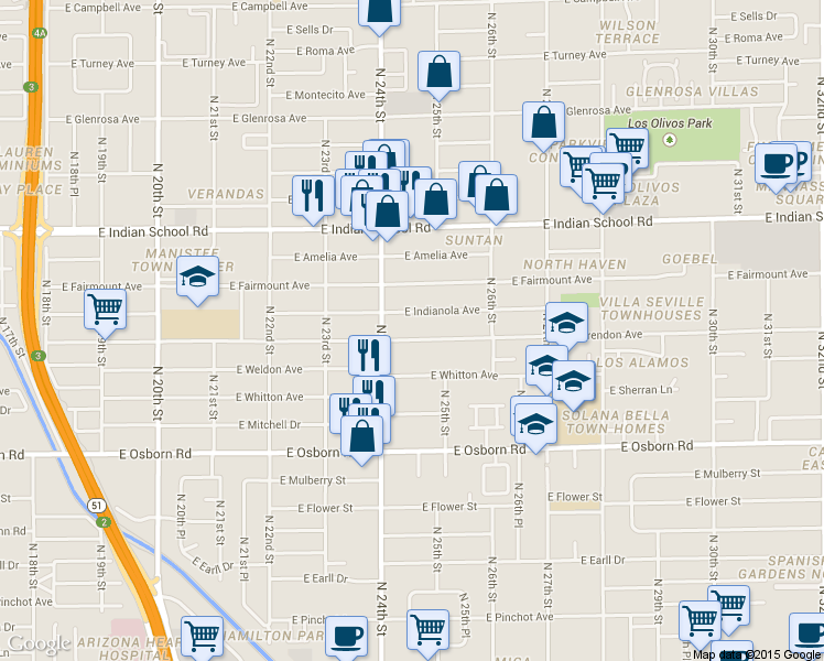 map of restaurants, bars, coffee shops, grocery stores, and more near 2429 East Indianola Avenue in Phoenix