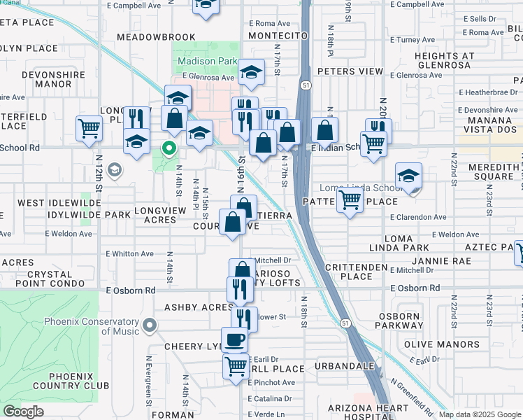 map of restaurants, bars, coffee shops, grocery stores, and more near 3823 North 16th Street in Phoenix