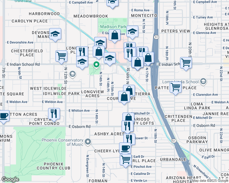 map of restaurants, bars, coffee shops, grocery stores, and more near 3823 North 14th Place in Phoenix
