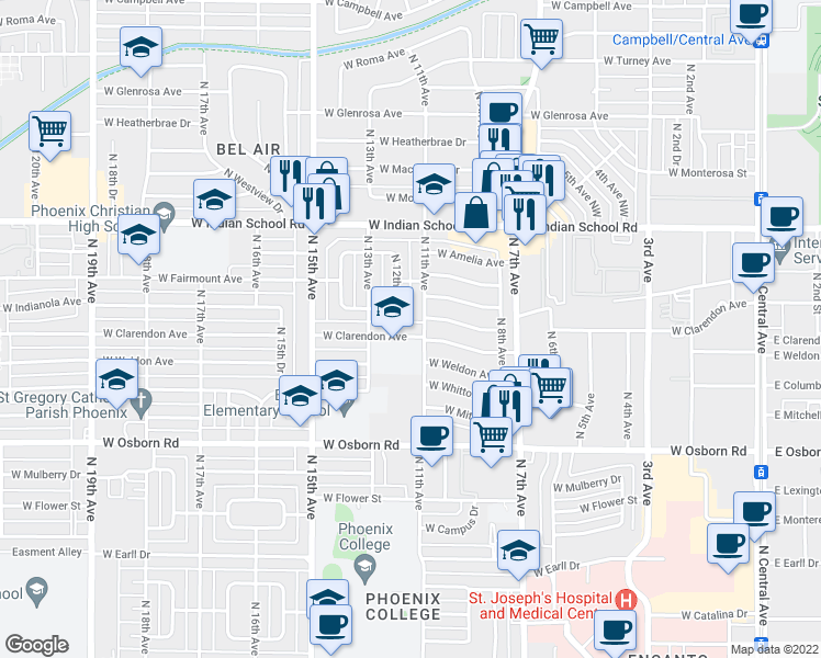 map of restaurants, bars, coffee shops, grocery stores, and more near 3818 North 11th Avenue in Phoenix