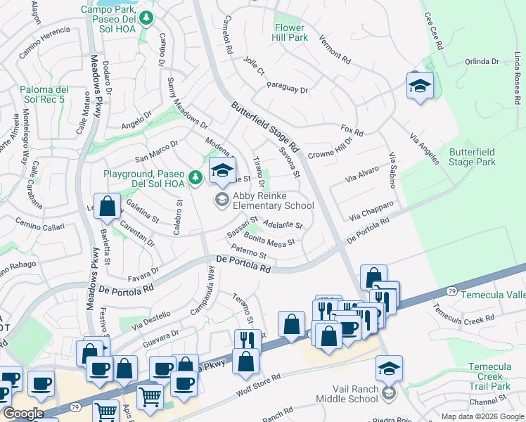 map of restaurants, bars, coffee shops, grocery stores, and more near 32882 Adelante Street in Temecula