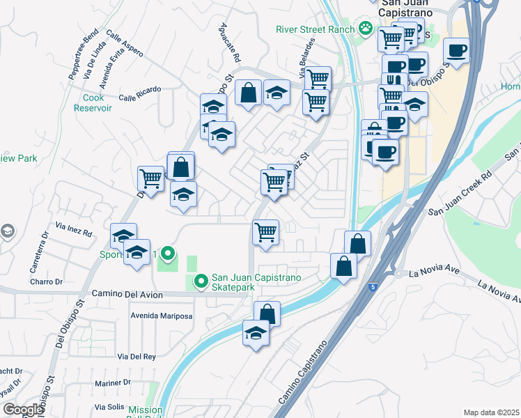 map of restaurants, bars, coffee shops, grocery stores, and more near 32287-32317 Alipaz Street in San Juan Capistrano