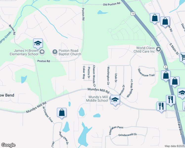 map of restaurants, bars, coffee shops, grocery stores, and more near 6637 Chason Woods Court in Jonesboro