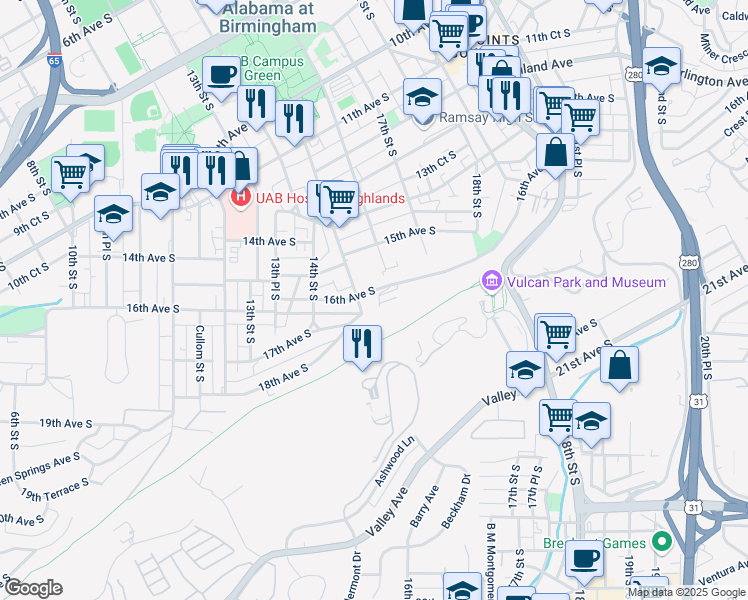 map of restaurants, bars, coffee shops, grocery stores, and more near 1516 16th Avenue South in Birmingham