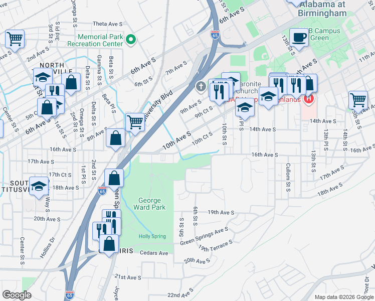 map of restaurants, bars, coffee shops, grocery stores, and more near 512 10th Court South in Birmingham