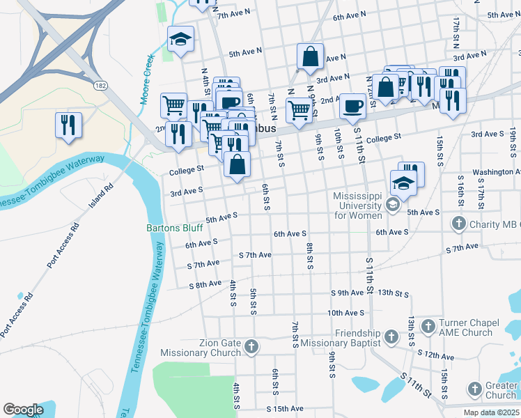 map of restaurants, bars, coffee shops, grocery stores, and more near 406 6th Street South in Columbus