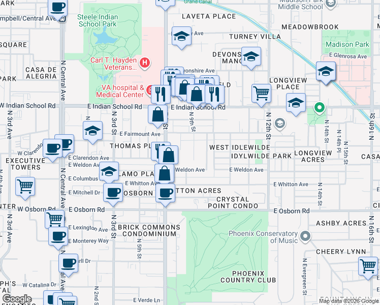map of restaurants, bars, coffee shops, grocery stores, and more near 3823 North 8th Street in Phoenix
