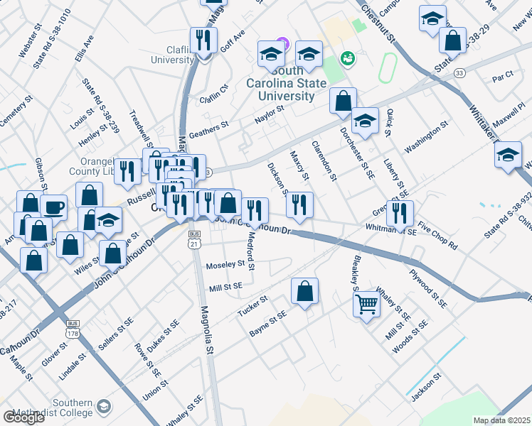 map of restaurants, bars, coffee shops, grocery stores, and more near Whitman Street Southeast in Orangeburg