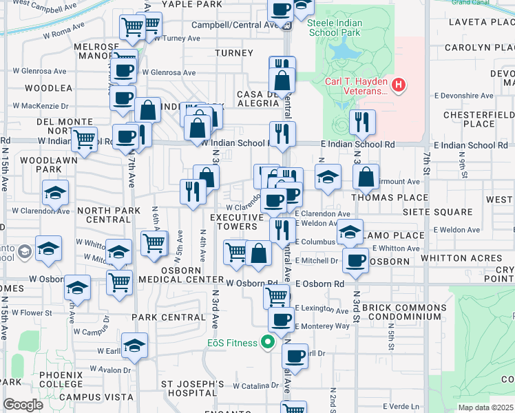 map of restaurants, bars, coffee shops, grocery stores, and more near 3 West Clarendon Avenue in Phoenix