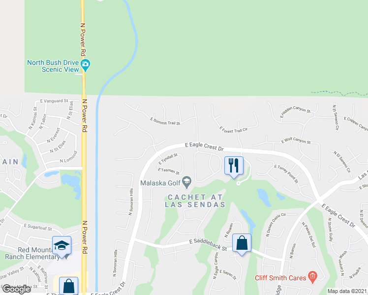 map of restaurants, bars, coffee shops, grocery stores, and more near 7249 East Eagle Crest Drive in Mesa