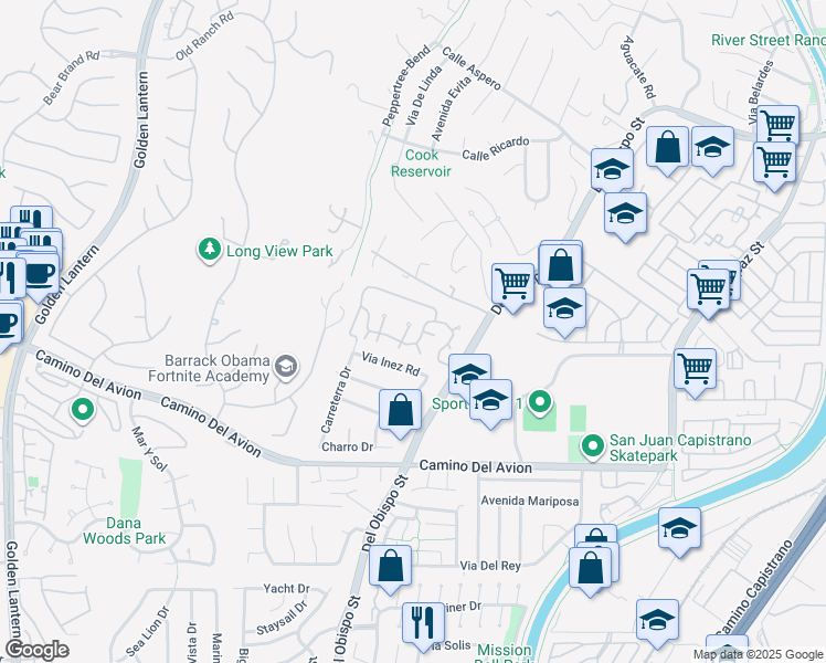 map of restaurants, bars, coffee shops, grocery stores, and more near 32426 Spyglass Court in San Juan Capistrano