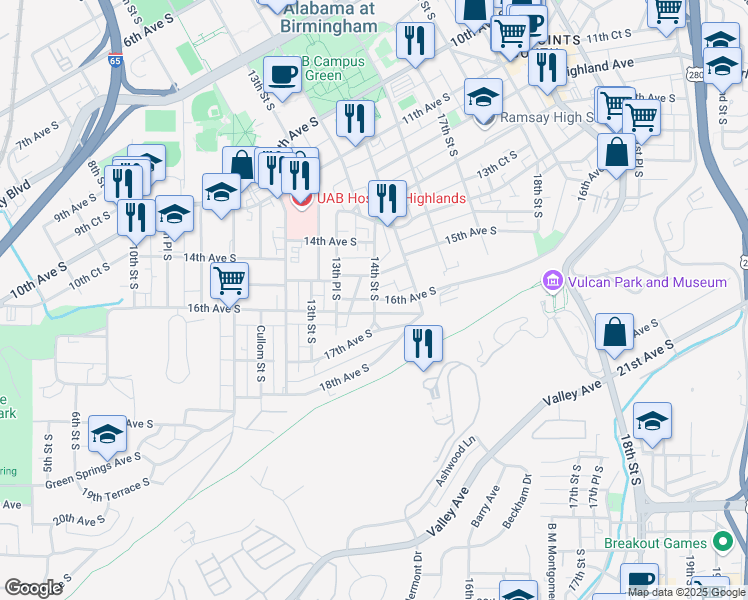map of restaurants, bars, coffee shops, grocery stores, and more near 16th Ave S & 14th St S in Birmingham