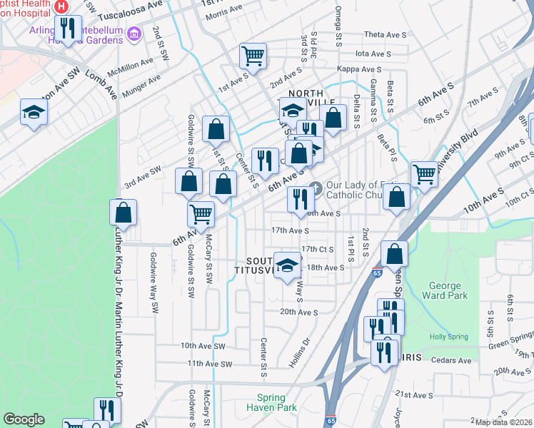 map of restaurants, bars, coffee shops, grocery stores, and more near 8 7th Avenue South in Birmingham