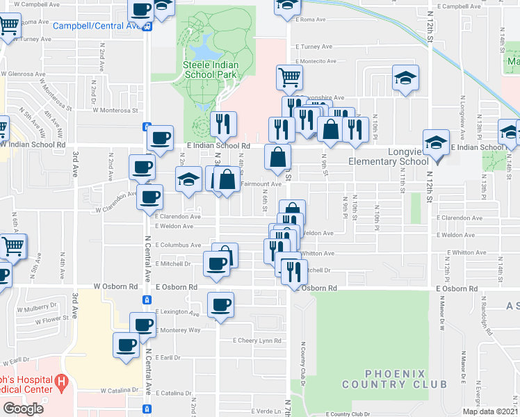 map of restaurants, bars, coffee shops, grocery stores, and more near 3810 North 6th Street in Phoenix