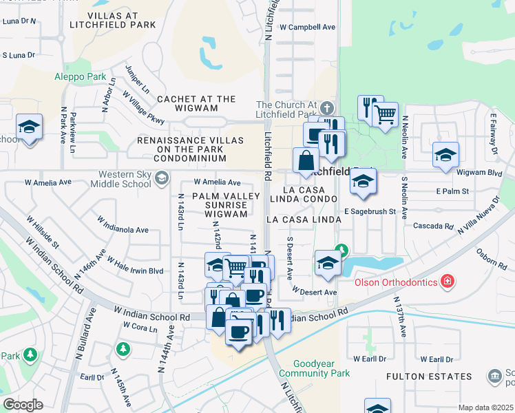map of restaurants, bars, coffee shops, grocery stores, and more near 14156 Piccadilly Road in Goodyear