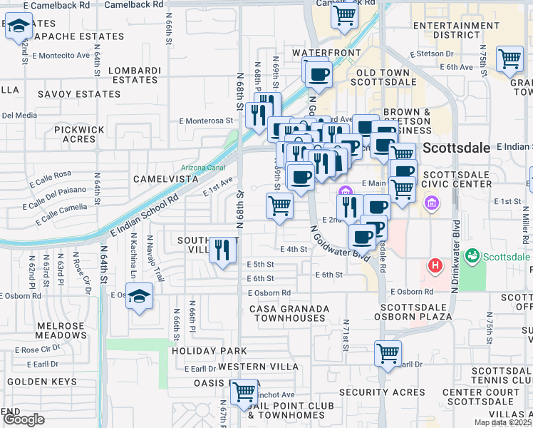 map of restaurants, bars, coffee shops, grocery stores, and more near 6883 East Main Street in Scottsdale