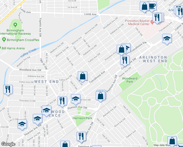 map of restaurants, bars, coffee shops, grocery stores, and more near 1505 Princeton Avenue Southwest in Birmingham