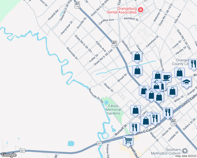 map of restaurants, bars, coffee shops, grocery stores, and more near 662 Riverside Drive in Orangeburg
