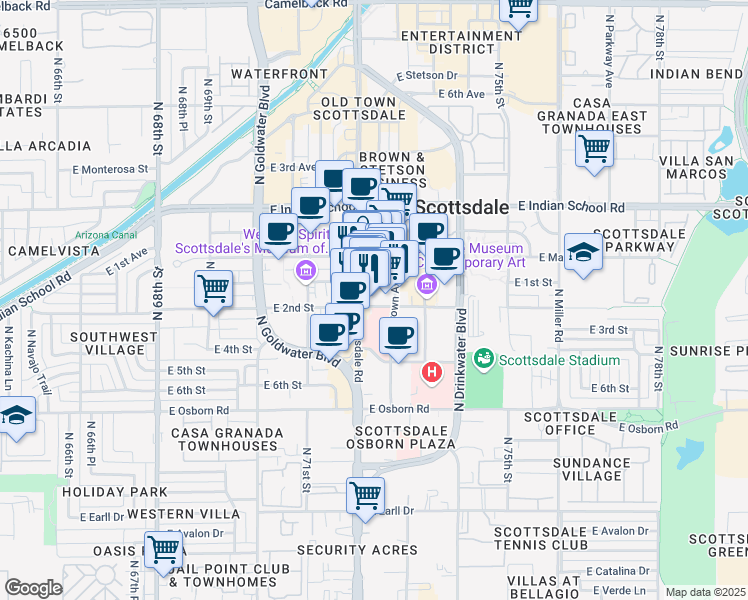 map of restaurants, bars, coffee shops, grocery stores, and more near 7223 East 1st Street in Scottsdale