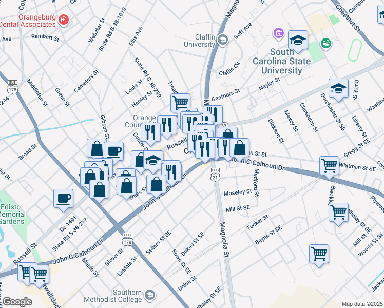 map of restaurants, bars, coffee shops, grocery stores, and more near 1680 Russell St in Orangeburg