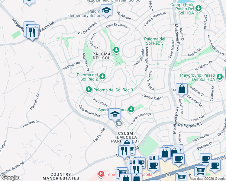 map of restaurants, bars, coffee shops, grocery stores, and more near 31940 Corte Algete in Temecula