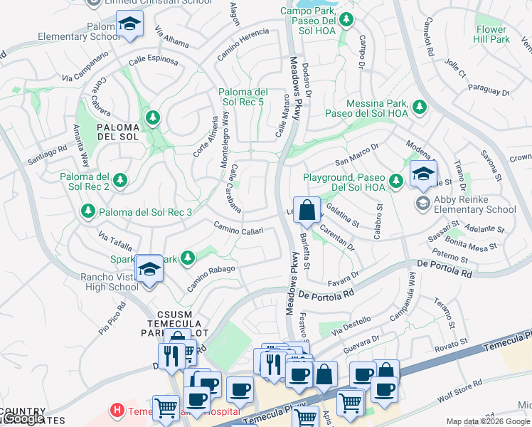 map of restaurants, bars, coffee shops, grocery stores, and more near 28656 Old Town Front Street in Temecula