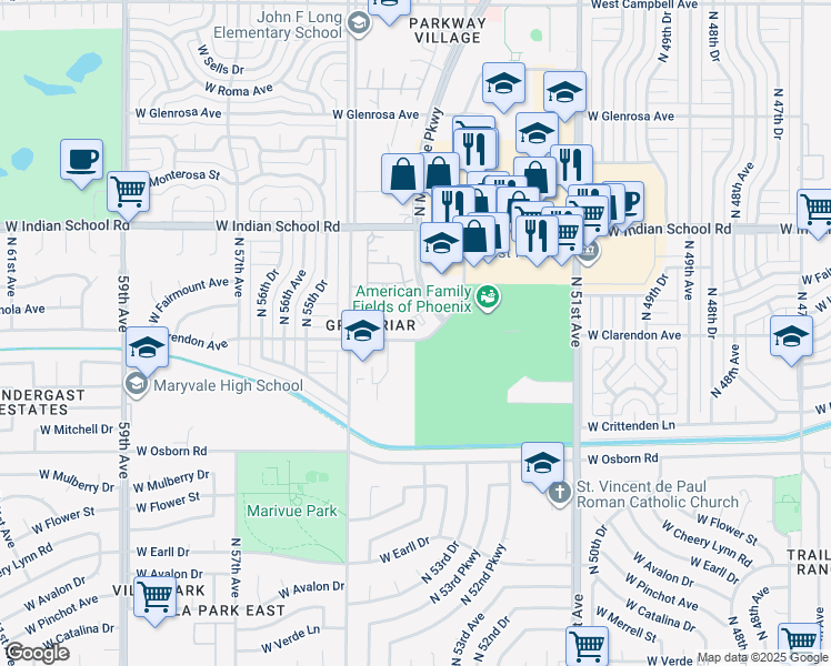 map of restaurants, bars, coffee shops, grocery stores, and more near 3810 North Maryvale Parkway in Phoenix